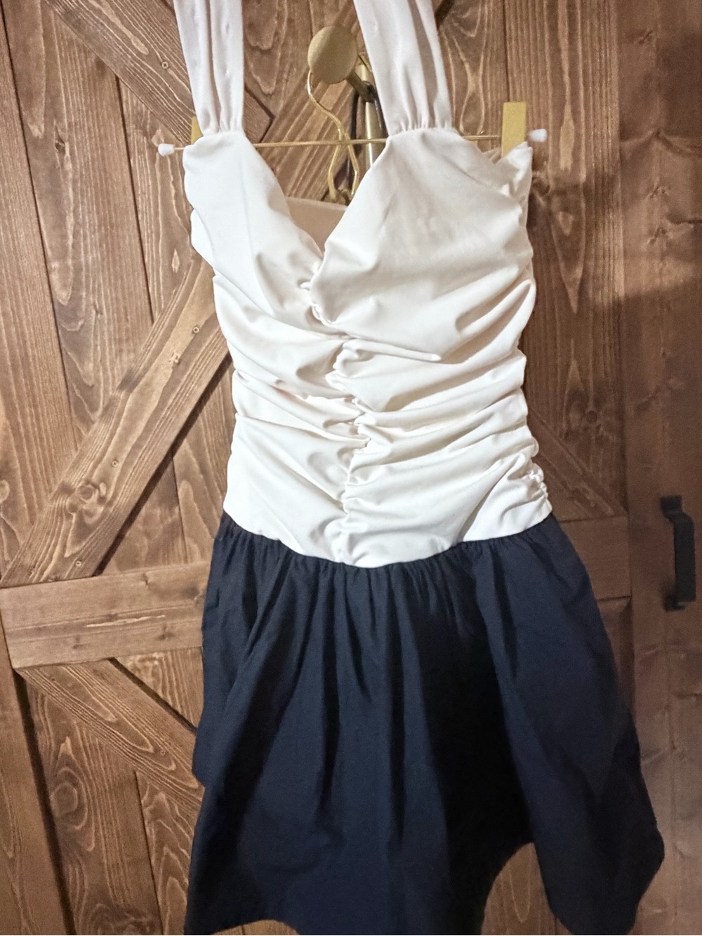 Maeve Two-Tone Cream and Black Ruched Strapless Mini Dress